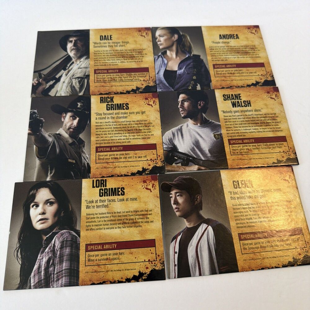 AMC The Walking Dead 2011 Board Game Replacement 6 Character Cards